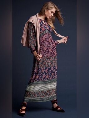 NWOT CAbi Festive Floral Maxi Keyhole Boho Dress in burgundy Green Style #3675